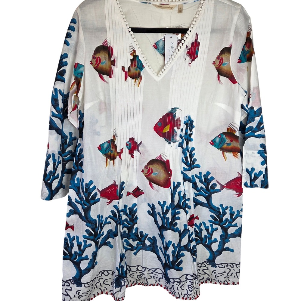 Cotton Tropical Fish Coral Print Tunic Top V Neck 3/4 Sleeve Beach Coverup